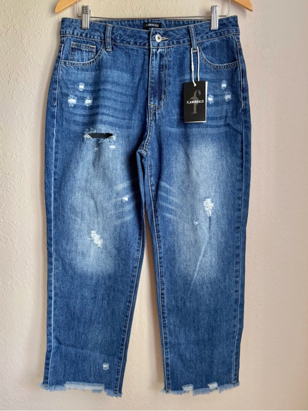 NWT FLAMINGALS Dark Wash Distressed Wide Leg Crop Denim Jeans Sz Med 8-10